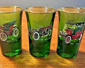 Vintage Model T Ford Green Glass Shot Glasses with Gold Rim Set of 3 - FREE SHIP