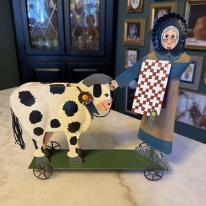 Gillaspy Folk Art Tin Amish Woman Cow Pull Toy – Hand-Painted Oley PA Art - Signed