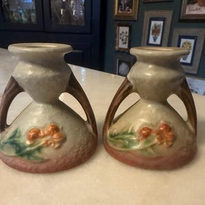 Vintage Roseville Bittersweet Art Pottery Candle Holders "851-3" - A Pair c.1951