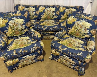 Vintage Bench-Made 3-Piece Living Room Set in Schumacher "Dog & Duck" Indigo Linen – Sofa and 2 Matching Chairs