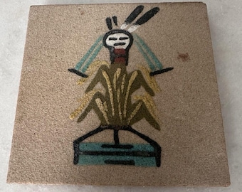 Vintage Native American Navajo Sand Art 4 Tile "Cain Boy" Artist Signed
