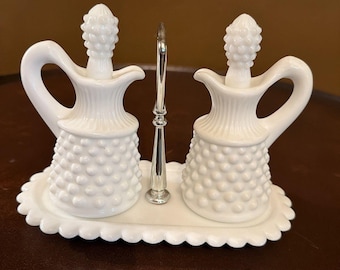 Vintage Fenton Hobnail Milk Glass Oil Vinegar Cruet Set Center Metal Handle Tray