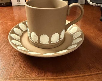 Vintage Wedgwood Taupe Brown Jasperware Sea Shell Demitasse Cup And Saucer