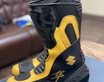 Suzuki Motorbike Racing Leather Boots-Cowhide Leather And Certified Protectors-Free Shipping