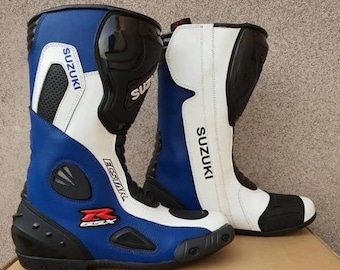 Suzuki Gsxr Motorbike Racing Leather Boots-Cowhide Leather And Certified Protectors-Free Shipping