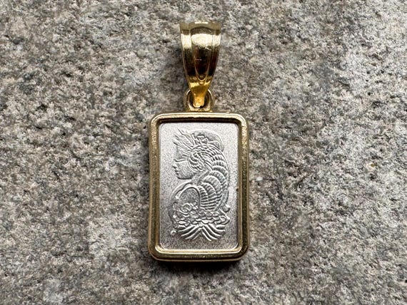 1 Gram Platinum Bar Pendant - PAMP Suisse Lady Fortuna .9995 Fine Platinum in 14k Solid Gold Plain Bezel