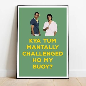 以下が含まれることがあります： 2人の漫画の男性と「KYA TUM MANTALLY CHALLENGED HO MY BUOY?」という黄色のテキストが書かれた緑色のポスター
