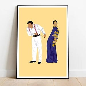 May include: A digital illustration of a couple dancing. The man is wearing a white shirt with red braces and the woman is wearing a blue sari with gold accents.