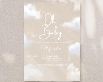 Faire-part de baby shower nuage neutre – Modèle sur toile beige (modifiable)