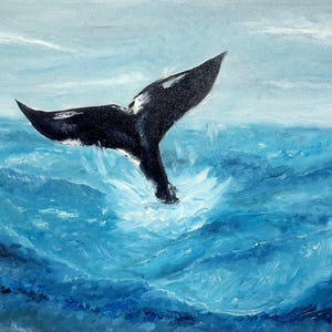 Handmade, original oil painting, whale in the open ocean