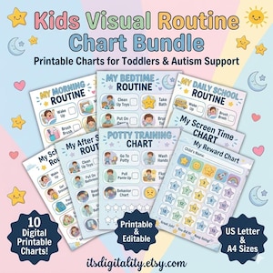 May include: A bundle of 10 digital printable charts for kids, including morning, bedtime, and potty training routines. The charts are designed for toddlers and autism support, with a reward chart and US Letter & A4 sizes.