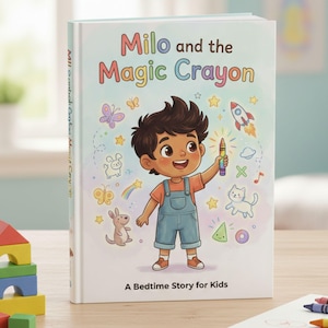 May include: A children's book titled "Milo and the Magic Crayon." The cover features an illustration of a young boy holding a colorful crayon, surrounded by whimsical drawings of a rocket, cat, and other playful elements. The text "A Bedtime Story for Kids" is at the bottom.