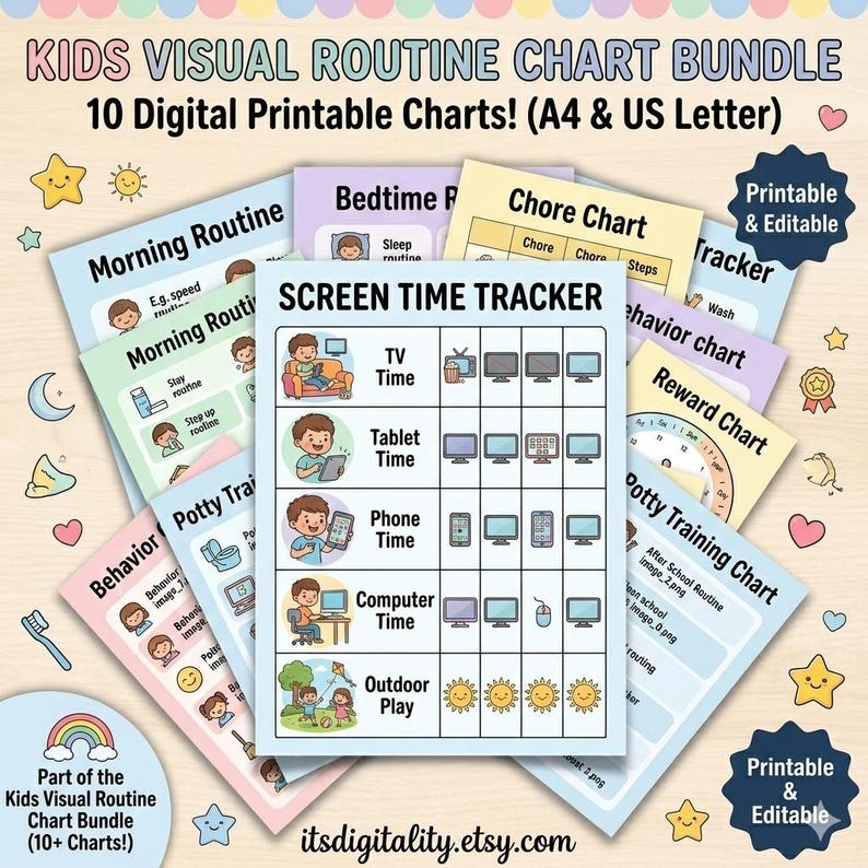 Kids Routine Chart Bundle, Toddler Visual Schedule, Daily Chore Tracker ...