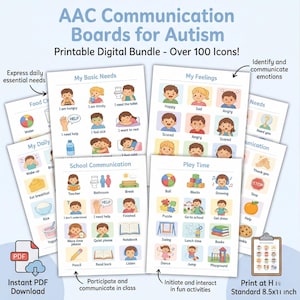 May include: A printable digital bundle of AAC communication boards for autism. The boards include over 100 icons for expressing needs, feelings, and daily activities. The text on the boards includes "My Basic Needs", "My Feelings", "School Communication", and "Play Time".