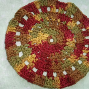 Multicolor green, maroon, rust, gold cotton yarn Crocheted 8 inch round dishcloth