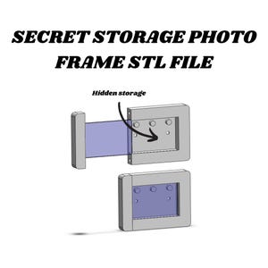 May include: A 3D model of a picture frame with a hidden storage compartment. The frame is gray and has a rectangular shape. The storage compartment is accessed by sliding a panel to the side. The text "Hidden storage" is written above the frame.