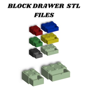 Puede incluir: Seis pequeños cajones de diferentes colores, incluyendo rojo, azul, amarillo, verde, negro y verde claro, con un cajón verde claro más grande en primer plano. Los cajones están hechos en forma de bloque de Lego y tienen un pequeño cajón que se desliza hacia afuera. El texto "BLOCK DRAWER STL FILES" está en la parte superior de la imagen.
