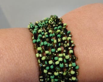 Crocheted boho black and green beaded, green and black beaded necklace/bracelet