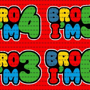 Può includere: Quattro disegni colorati su sfondo rosso, ognuno con le parole "BRO" e "I'M" sopra un numero. Il testo ha un contorno bianco ed è riempito di blu, giallo, rosso e verde.