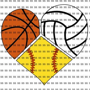Könnte beinhalten: Grafische Darstellung eines Herzens, das aus einem Basketball, einem Volleyball und einem Softball besteht. Der Basketball ist orange mit schwarzen Linien, der Volleyball ist weiß mit schwarzen Linien und der Softball ist gelb mit roten Nähten.