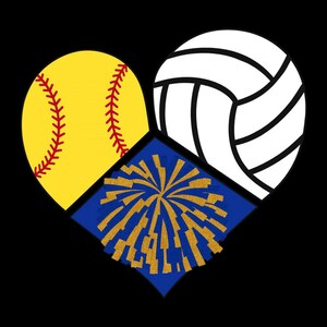 Puede incluir: Un diseño gráfico con forma de corazón compuesto por una pelota de softbol amarilla con costuras rojas, un voleibol blanco y un pompón de animadora azul y dorado sobre un fondo negro. Tema deportivo y de animación.