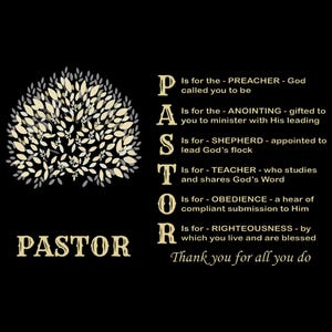 Könnte beinhalten: Schwarzer Hintergrund mit dem Wort "PASTOR" in einer dekorativen Schriftart, begleitet von einer Liste von Wörtern, die mit jedem Buchstaben des Wortes beginnen. Ein baumartiges Design befindet sich oben links. Der Text enthält "Danke für alles, was Sie tun."