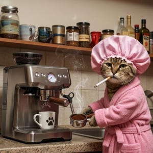 May include: A tabby cat wearing a pink robe and shower cap, smoking a cigarette while making coffee with a stainless steel espresso machine. A white mug with a black paw print is on the machine.