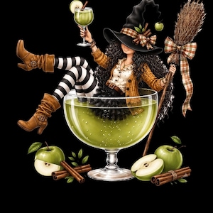 May include: A digital illustration of a character wearing a witch hat, brown boots, and striped stockings, sitting inside a large glass filled with green liquid. The character holds a small glass and a broomstick, surrounded by green apples and cinnamon sticks.