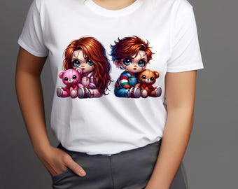 Chucky Couple PNG, mignon couple horreur poupées PNG, poupée effrayante Kawaii, Couple assorti Halloween Sublimation Design, effrayant mignon garçon et fille