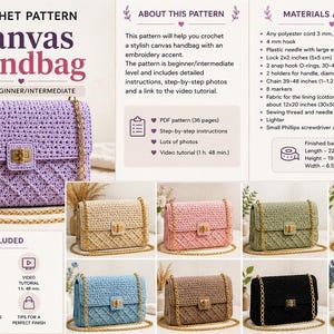 May include: A crochet pattern for a Canvas Handbag, featuring a lavender bag with a gold chain strap and metal lock. The document includes materials, tools, and finished dimensions of 8 5/8 inches long, 7 1/2 inches high, and 2 5/8 inches wide.