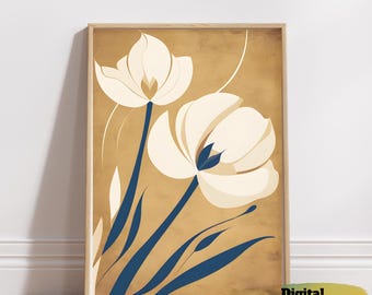 Impressão de arte floral boho: ilustração bege-branca (download digital)