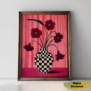 Jarrón de cuadros florales contemporáneo, decoración de pared en tonos rosa baya Impresión, Impresión digital floral artística, impresión descargable