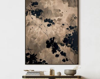 Neutral Botanical Print: Beige & Black Japanese Ink Brush Art (Digital Download)