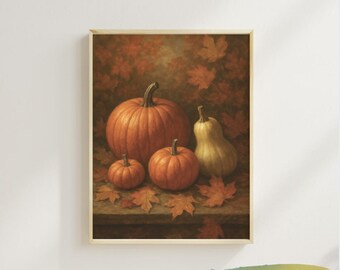 Autumn Pumpkin Harvest Watercolor Painting, Rustic Fall Decor (Digital Download)