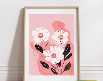 Pink Flower Market Art Print: White Daisies Botanical Wall Art (Digital Download)