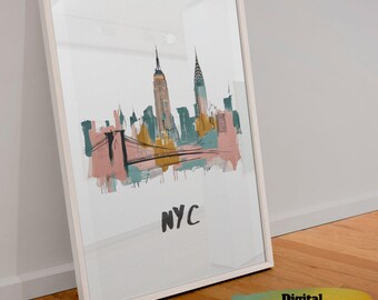 New York Watercolor Print: Abstract City Skyline (Digital Download)