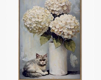 Vintage Cat Painting: White Hydrangeas, Artful Farmhouse Print (Digital Download)