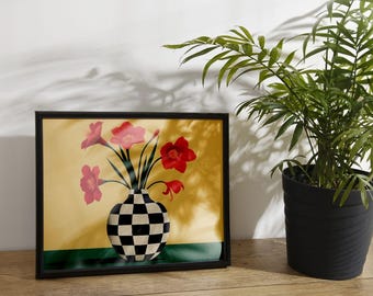 Red Tulip Print: Checkered Vase Floral Art (Digital Download)