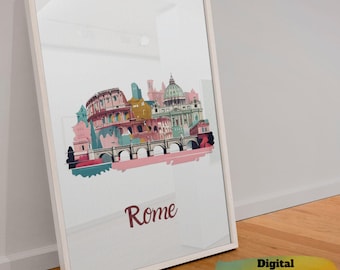 Rome Cityscape Art Print: Colorful Italian Travel Poster (Digital Download)