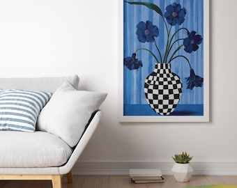 Blue Floral Checkered Vase Print: Contemporary Wall Art (Digital Download)