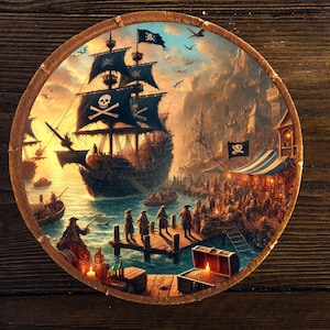 May include: A black pirate ship with a skull and crossbones flag sails into a harbour at sunset. The ship is docked at a pier with a crowd of people gathered around a market stall. There are several other ships in the background.
