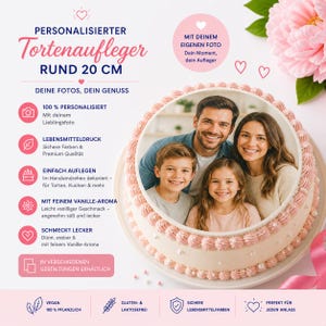 Könnte beinhalten: Ein runder Kuchen mit einem Durchmesser von ca. 20 cm, mit einem Familienfoto in der Mitte und rosa Zuckerguss. Der Kuchen trägt den deutschen Text "Personalized Cake Topper".