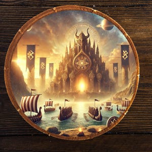 Könnte beinhalten: Ein kreisförmiges, goldbraunes, holzgerahmtes Bild, das eine Fantasieszene mit einem großen, goldenen Schloss mit einer gehörnten Figur an der Spitze zeigt. Das Schloss hat ein großes, offenes Tor, aus dem ein helles Licht strahlt. Mehrere Wikingerschiffe mit rot-weiß gestreiften Segeln segeln auf das Schloss zu. Die Szene spielt vor dem Hintergrund eines sternenklaren Himmels mit einem Planeten in der Ferne.