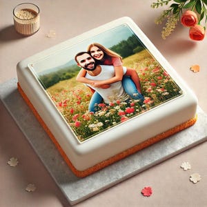 Könnte beinhalten: Ein quadratischer weißer Kuchen mit orangefarbenem Rand. Die Oberseite des Kuchens ist mit einem Foto eines Paares in einem Blumenfeld verziert. Der Mann trägt die Frau auf dem Rücken.