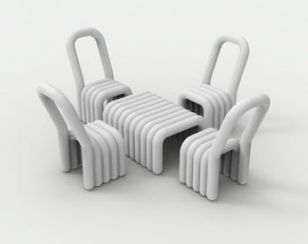 Archivo STL: Conjunto moderno de mesa y sillas - Muebles en miniatura para casa de muñecas - Objeto para impresión 3D