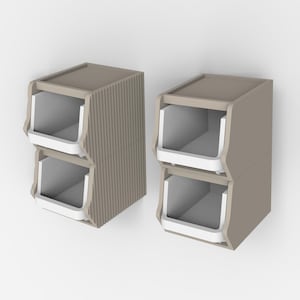 May include: Two stacked storage bins in a neutral taupe colour with white interior accents. The bins have an open front design for easy access and are suitable for organising various items. One bin has a ribbed texture.