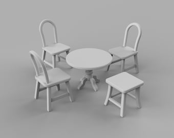 Dollhouse Classic Table and Chairs STL File | 1:12 Miniature Furniture 3D Print File