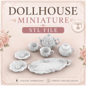 Puppenhaus-Teeservice mit Blumenmuster (Maßstab 1:12) – STL-Datei | Miniatur-Küchendekoration zum 3D-Drucken