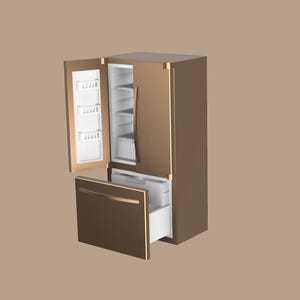 Puede incluir: Un refrigerador de color bronce con las puertas y el cajón abiertos, revelando el interior. El refrigerador tiene un diseño moderno con un acabado metálico elegante. El interior incluye estantes y compartimentos.