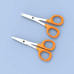 May include: Two pairs of scissors with white blades and orange handles are arranged on a light blue background. The scissors have a classic design, with a pivot point and finger holes for easy use. The blades are sharp and ready for cutting.